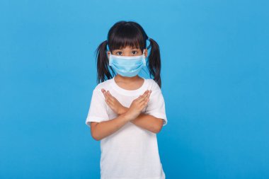 Coronavirus ve Hava kirliliği pm2.5 kavramı. Pm2.5 'u korumak için maske takan küçük kız Corona virüsünü durdurmak için el hareketi yapıyor. Wuhan coronavirüs ve salgın virüs belirtileri..
