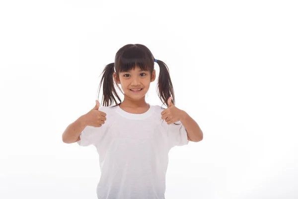 Mała Azjatycka Dziewczyna Nosi Maskę Dla Ochrony Pm2 Pokazać Kciuki — Zdjęcie stockowe