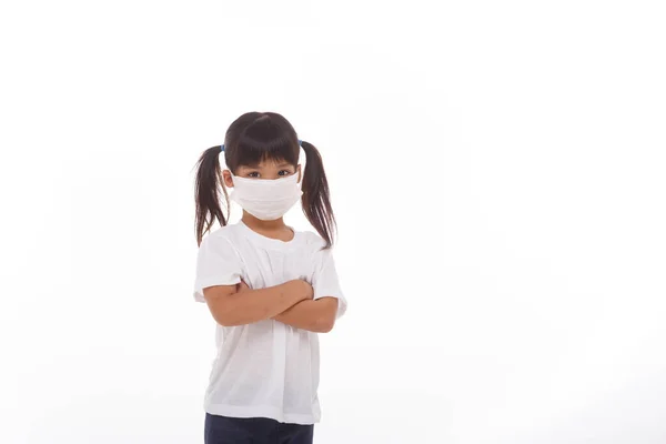 Asian Little Child Girl Wearing Respirator Mask Protect Coronavirus Outbreak — Stock Photo, Image