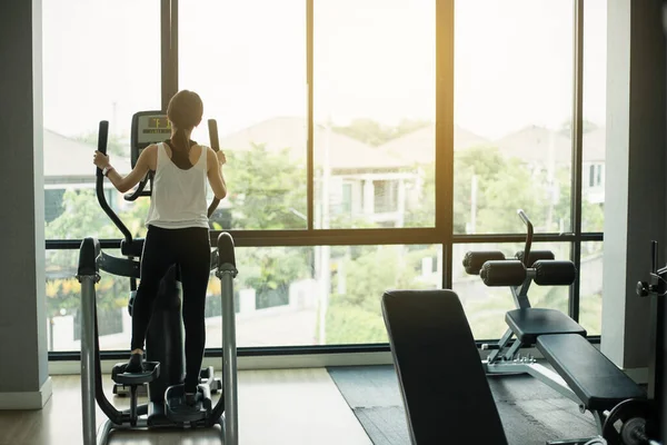 Asian Girl Exercise Elliptical Cardio Running Workout Fitness Gym Taking — Stock Photo, Image