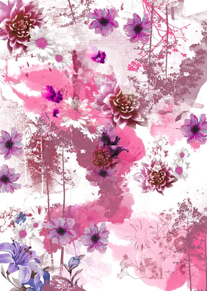Elegant Pink Flowers Watercolor Brushes Tree Silhouettes Design