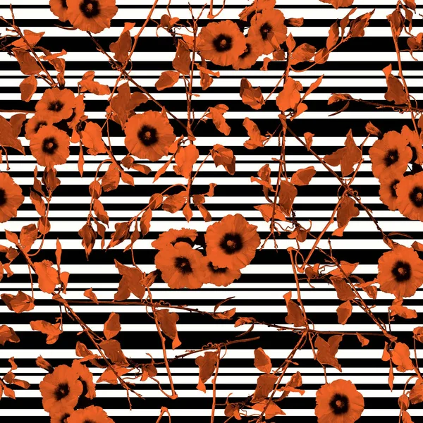 Turuncu çiçekler ve siyah çizgiler Seamless Modeli