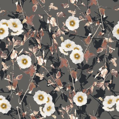 Vintage tarzı kesintisiz beyaz çiçekler ve yapraklar dalları süt kahverengi zemin