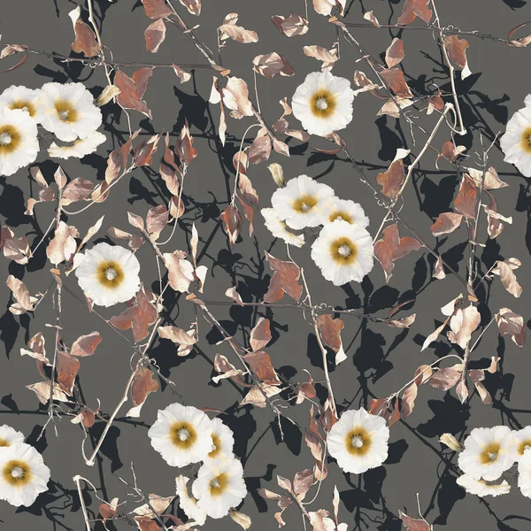 Vintage tarzı kesintisiz beyaz çiçekler ve yapraklar dalları süt kahverengi zemin