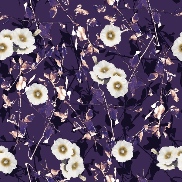 Vintage tarzı kesintisiz beyaz çiçekler ve yapraklar dalları mor arka plan