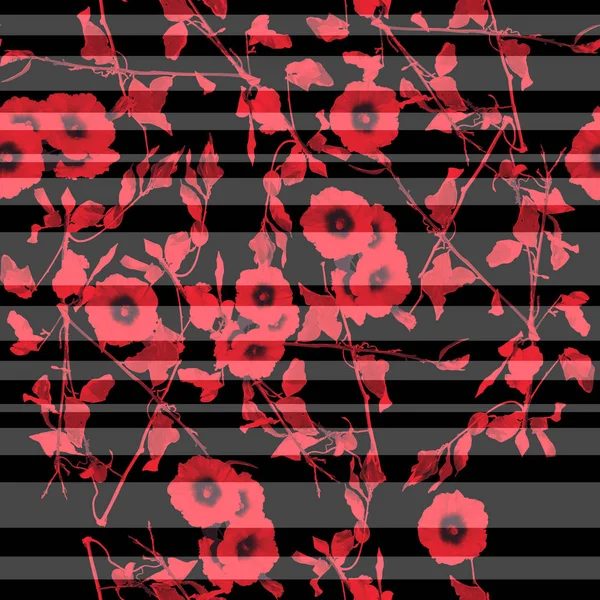 Vintage tarzı sorunsuz kırmızı çiçekler ve yapraklar dalları siyah arka plan