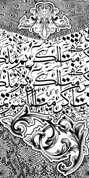 Kanat Barok yılan tavus kuşu tüyü ve Arap harfleri desen desen