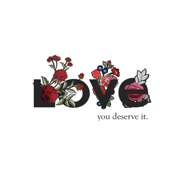 Love Text and Embroidery Flowers Design White Background