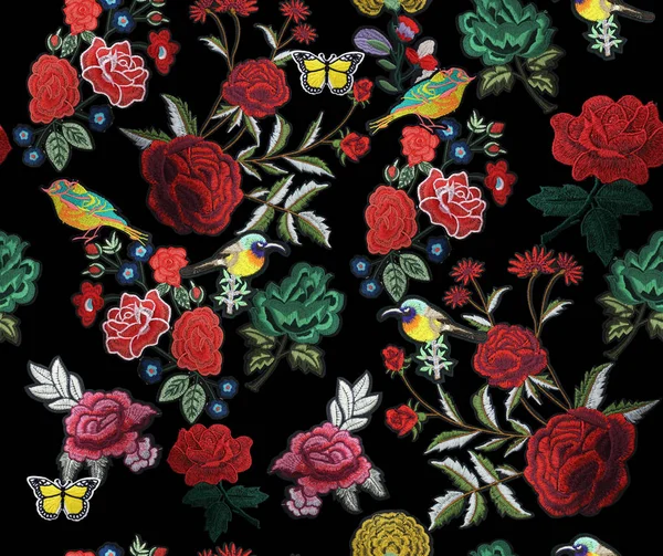 Embroidery Flowers Birds Butterflies Seamless Pattern Black Background