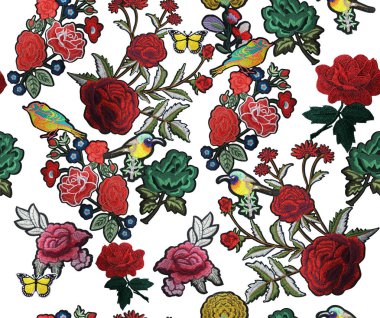 Nakış çiçek kuşlar kelebekler Seamless Modeli