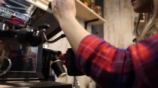 Barista bičuje mléko pro kávovar na kávu — Stock video