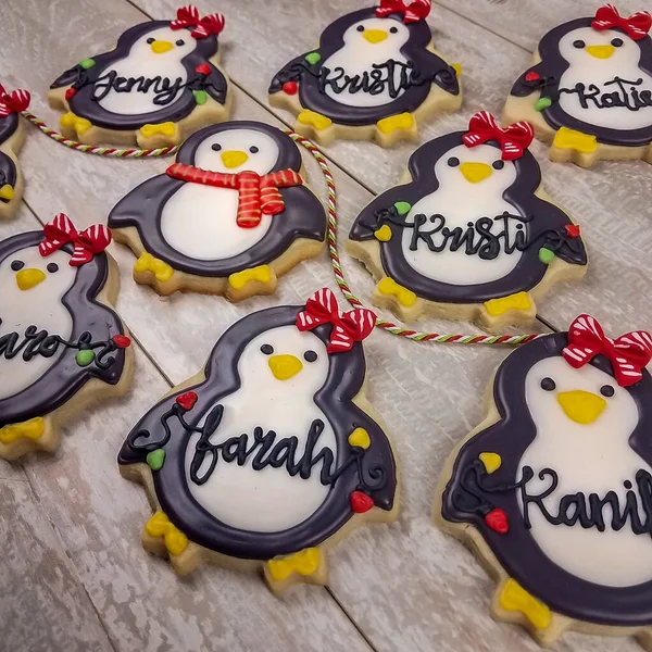 Collection de pingouins de Noël personnalisés garçon et fille comme biscuits au sucre décorés — Photo