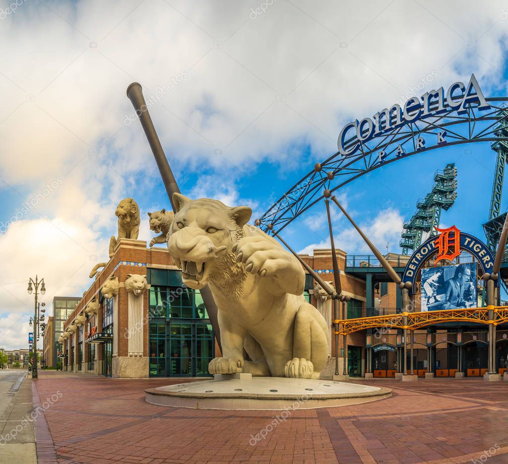 Detroit, MI - Oct 6 2019: Comerica Park is the home of Detroit Tigers baseball team. The tiger stands at the main entrance of the park and Witherell street.