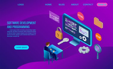 Software development and coding. programming of concept. data processing. Computer code with window interface. flat isometric illustration clipart svg vector 