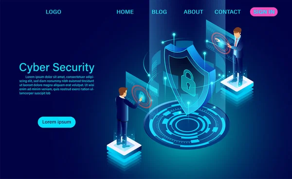 Conceptul de securitate cibernetică banner cu omul de afaceri protejează datele — Vector de stoc