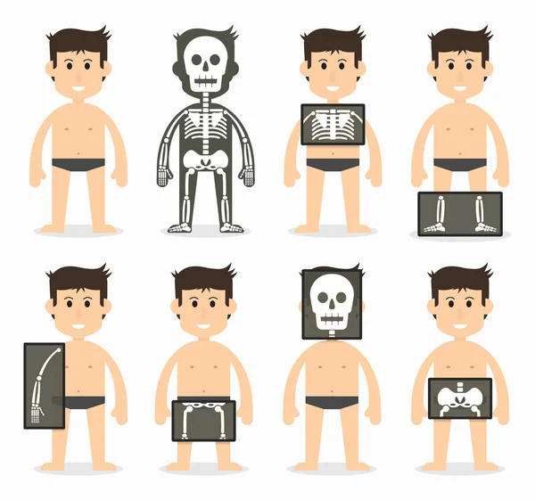 人間と総骨スキャン (頭蓋骨、首、肩、肩甲骨、腕、肘、前腕、手首、手、指、胸郭、肋骨、脊椎、骨盤、股関節、太もも、膝、足、足首、足、つま先) フラットなデザイン — ストックベクタ