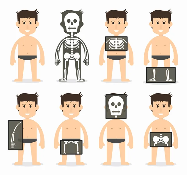 Digitalização óssea humana e total (crânio, pescoço, ombro, escápula, braço, cotovelo, antebraço, pulso, mão, dedo, tórax, costela, coluna vertebral, pélvica, quadril, coxa, joelho, perna, tornozelo, pé, dedo do pé) design plano — Vetor de Stock