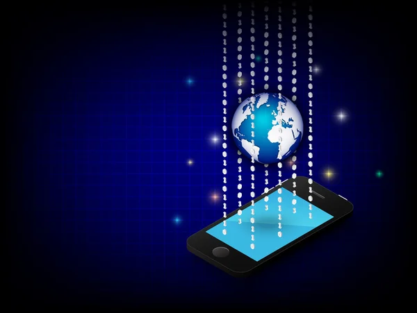 Tphone celular e globo e dígito binário em fundo azul. Design gráfico vetorial 3D  . —  Vetores de Stock