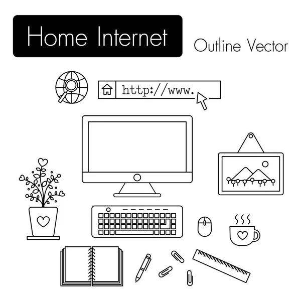 Hem Internet. dator och moderna arbetsytan och utrustning (skärm, tangentbord, mus, fotoram, kopp kaffe, notebook, penna, Gem, linjal, blomkruka) i rum . — Stock vektor