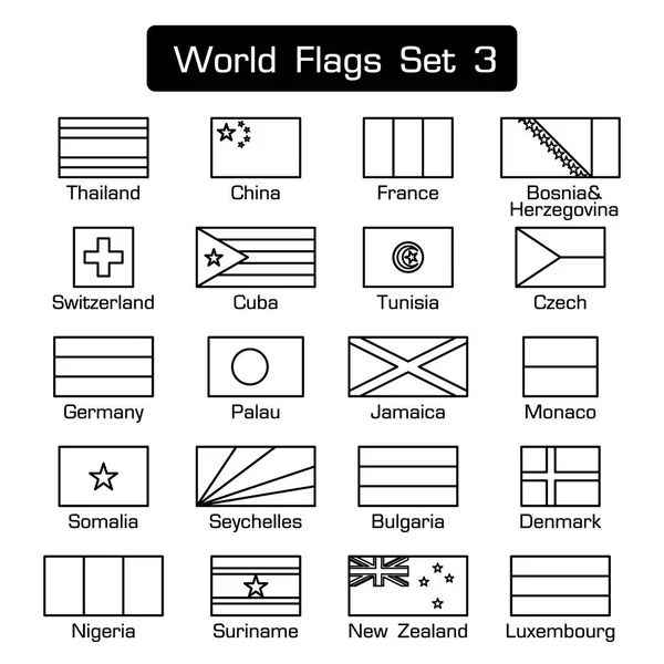 Wereld vlaggen set 3. eenvoudige stijl en platte ontwerp. dikke omtrek. zwart-wit . — Stockvector