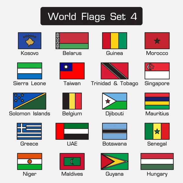Vlaggen van de wereld ingesteld 4. eenvoudige stijl en platte ontwerp. dikke omtrek . — Stockvector