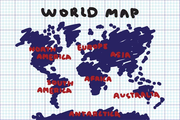 Style de dessin à main levée de la carte du monde et du continent sur papier quadrillé  . — Image vectorielle