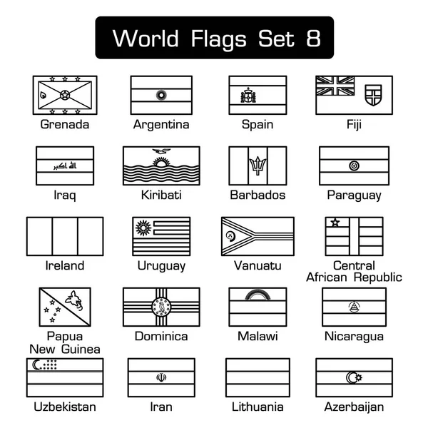 Vlaggen van de wereld ingesteld 8. eenvoudige stijl en platte ontwerp. dikke omtrek . — Stockvector