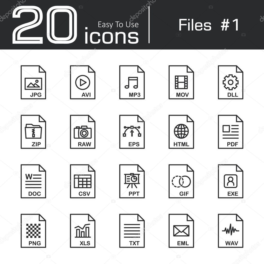 Files icon set 1 ( jpg , avi , mp3 , mov , dll , zip , raw , eps , html , pdf , doc , csv , ppt , gif , exe , png , xls , txt , eml , wav )