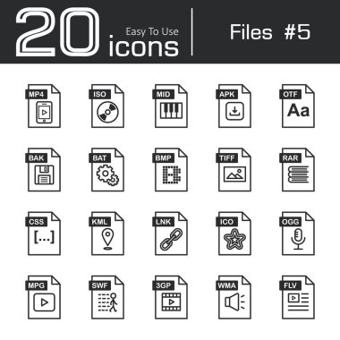 Dosyalar simgesi set 5 ( mp4 , iso , orta , apk , otf , bak , yarasa , bmp , tif , rar , css , kml , mürekkep , ico , ogg , mpg , swf , 3gp , wma , flv )