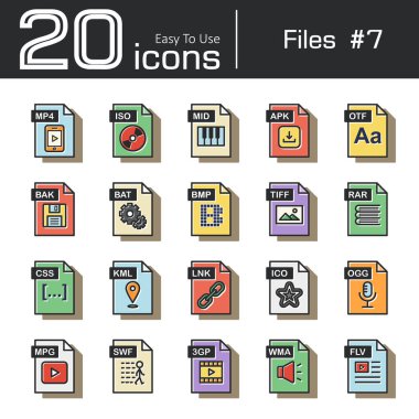 Dosyalar Icon set 7 (ISO, MID, apk, otf, bak, yarasa, bmp, TIF, rar, css, kml, mürekkep, ICO, ogg, mpg, swf, 3gp, wma, flv, mp4) vintage ve retro tarzı .