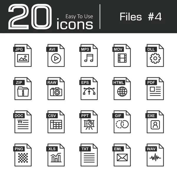 Icon set 4 (jpg, avi, mp3, mov, dll, zip, raw, eps, html, pdf, doc, csv, ppt, gif, exe, png, xls, txt, eml, wav ) — Stockvektor