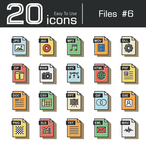 Dosyalar Icon set 6 (jpg, AVI, mp3, mov, dll, ZIP, ham, eps, html, pdf, doc, csv, ppt, GIF, exe, png, xls, txt, eml, wav) vintage ve retro tarzı . — Stok Vektör