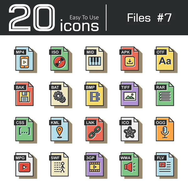 Dosyalar Icon set 7 (ISO, MID, apk, otf, bak, yarasa, bmp, TIF, rar, css, kml, mürekkep, ICO, ogg, mpg, swf, 3gp, wma, flv, mp4) vintage ve retro tarzı . — Stok Vektör