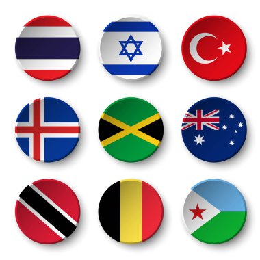 Dünya bayrakları yuvarlak rozetleri Seti ( Tayland . İsrail. Türkiye. İzlanda. Jamaika , avustralya , Trinidad ve tobago . Belçika. Cibuti )