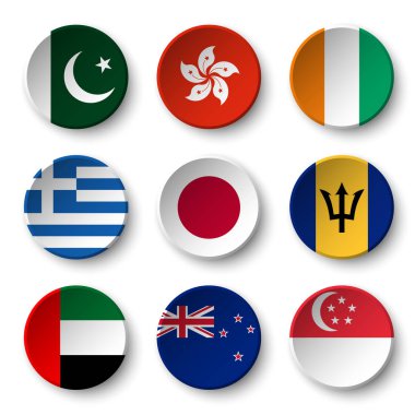 Dünya bayrakları yuvarlak rozetleri seti ( Pakistan . Hong Kong' da. Fildişi Sahili. Yunanistan. Japonya. Barbados. Uçan. Yeni Zelanda. Singapur )