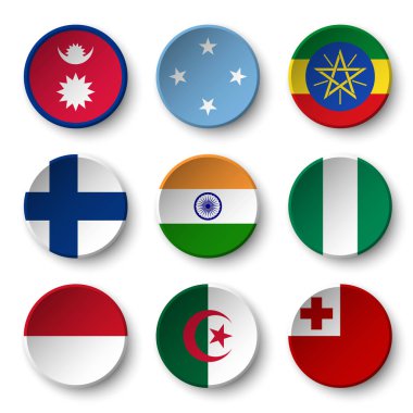 Dünya bayrakları yuvarlak rozetleri seti ( Nepal . Mikronezya. Etiyopya. Finlandiya. Hindistan. Nijerya. Monaco. Cezayir. Tonga )
