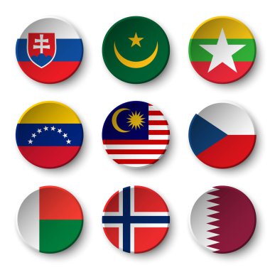 Dünya bayrakları yuvarlak rozetleri seti ( Slovakya . Moritanya. Myanmar. Venezuela. Malezya. Çekçe. Madagaskar. Norveç. Katar )