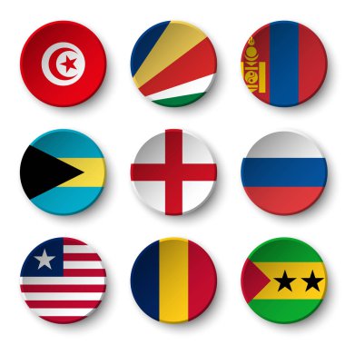 Dünya bayrakları yuvarlak rozetleri seti ( Tunus . Seyşeller. Moğolistan. Bahamalar. Ingiltere. Rusya. Liberya. Chad. Sao Tome ve Principe )