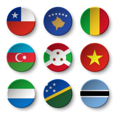 Dünya bayrakları yuvarlak rozetleri seti ( Şili . Kosova. Mali. Azerbaycan. Burundi. Vietnam. Sierra Leone. Solomon Adaları. Botswana )