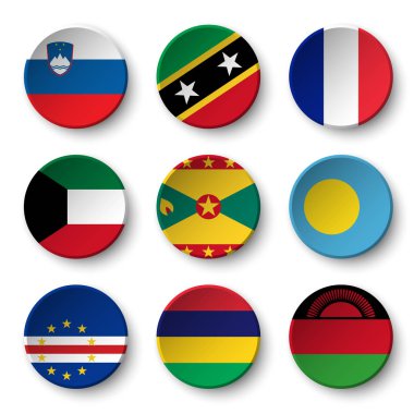 Dünya bayrakları yuvarlak rozetleri seti ( Slovenya . Aziz Kitts ve Nevis. Fransa. Kuveyt. Grenada. Palau. Yeşil Burun Verde. Mauritius. Malavi )
