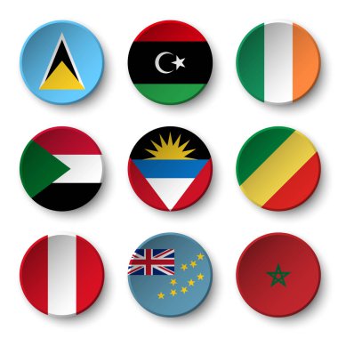 Dünya bayrakları yuvarlak rozetleri Seti ( Saint Lucia . Libya. İrlanda. Sudan. Antigua ve Barbuda. Kongo Cumhuriyeti. Peru. Tuvalu. Fas )