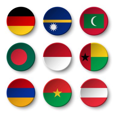 Dünya bayrakları yuvarlak rozetleri Seti ( Almanya . Nauru. Maldivler. Bangladeş. Endonezya. Gine-Bissau. Ermenistan. Burkina Faso. Avusturya )