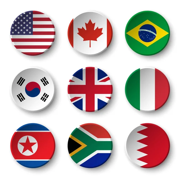 Set of world flags round badges ( USA . Canada . Brazil . South korea . United kingdom of great britain . Italy . North korea . South africa . Bahrain ) — Stock Vector