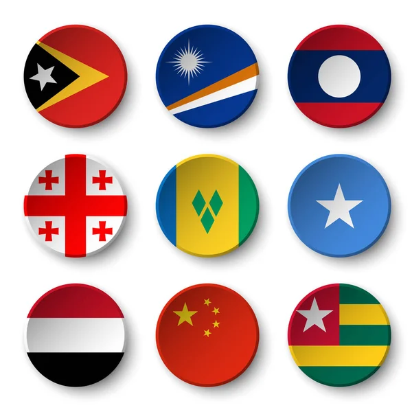 Ensemble de drapeaux du monde insignes ronds (Timor oriental. Îles Marshall. Laos. La Géorgie. Saint Vincent et les Grenadines. Somalie. Yémen. La Chine. Togo  ) — Image vectorielle