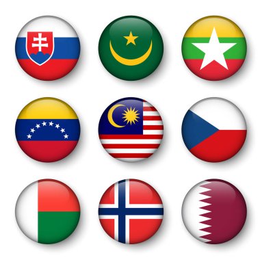 Dünya bayrakları yuvarlak rozetleri seti ( Slovakya . Moritanya. Myanmar. Venezuela. Malezya. Çekçe. Madagaskar. Norveç. Katar )