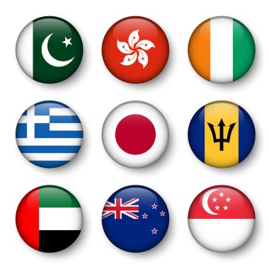 Dünya bayrakları yuvarlak rozetleri seti ( Pakistan . Hong Kong' da. Fildişi Sahili. Yunanistan. Japonya. Barbados. Uçan. Yeni Zelanda. Singapur )