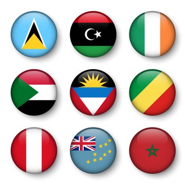 Dünya bayrakları yuvarlak rozetleri Seti ( Saint Lucia . Libya. İrlanda. Sudan. Antigua ve Barbuda. Kongo Cumhuriyeti. Peru. Tuvalu. Fas )