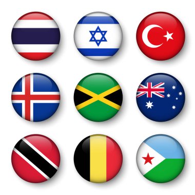 Dünya bayrakları yuvarlak rozetleri Seti ( Tayland . İsrail. Türkiye. İzlanda. Jamaika. Avustralya. Trinidad ve Tobago. Belçika. Cibuti )