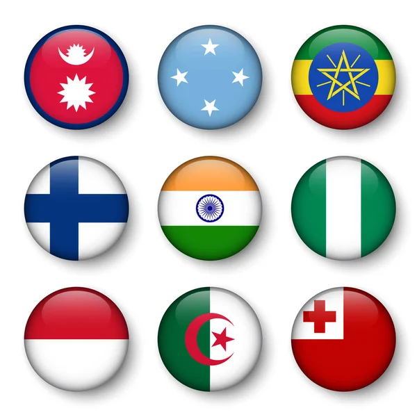 Set van wereld vlaggen ronde badges (Nepal. Micronesia. Ethiopië. Finland. India. Nigeria. Monaco. Algerije. Tonga ) — Stockvector