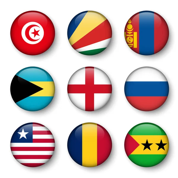 Ensemble de drapeaux du monde ronds insignes (Tunisie. Seychelles. Mongolie. Bahamas. L'Angleterre. La Russie. Libéria. Au Tchad. Sao Tomé et Principe  ) — Image vectorielle
